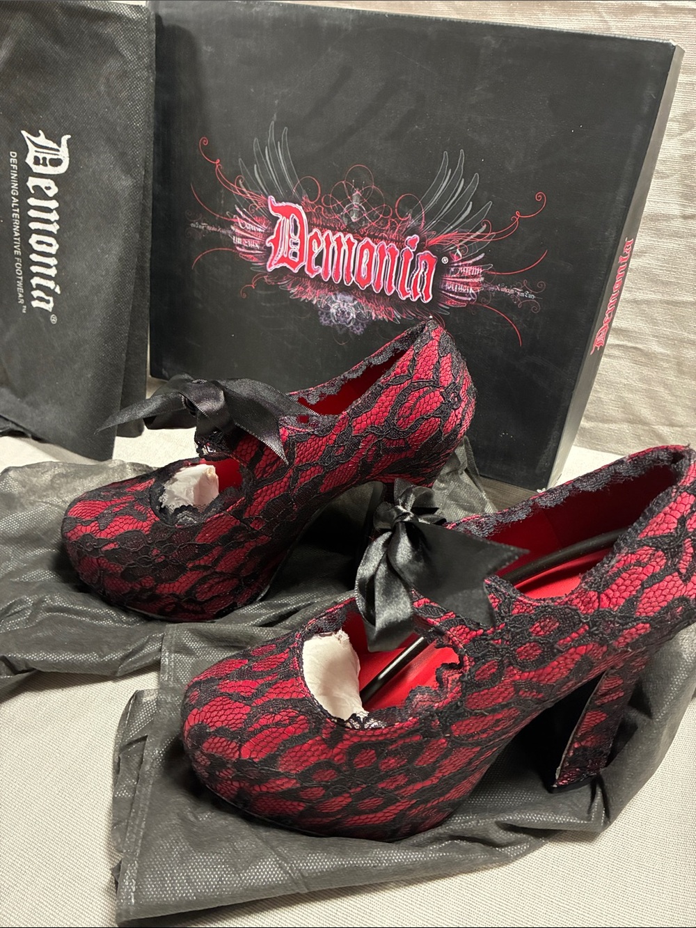 Demonia Red and Black Lace Ribbon Platform Heels, Size 7M